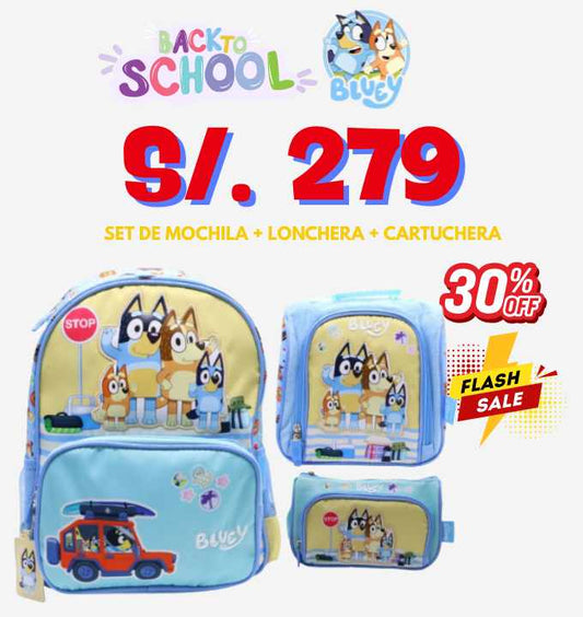 Children's Club | Set Mochila Escolar A4 Incluye Lonchera y Cartuchera Familia Bluey y Bingo