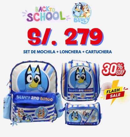 Children's Club | Set Mochila Bluey Azul A4 incluye Lonchera y Cartuchera de Children’s Club