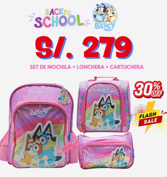 Children's Club  | Set Mochila Escolar A4 Incluye Lonchera y Cartuchera Bluey Bingo Rosado