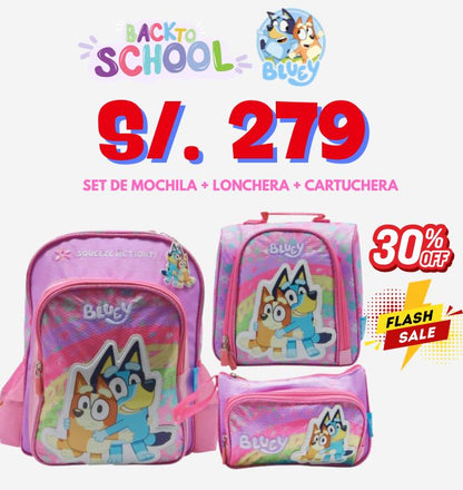 Children's Club  | Set Mochila Escolar A4 Incluye Lonchera y Cartuchera Bluey Bingo Rosado